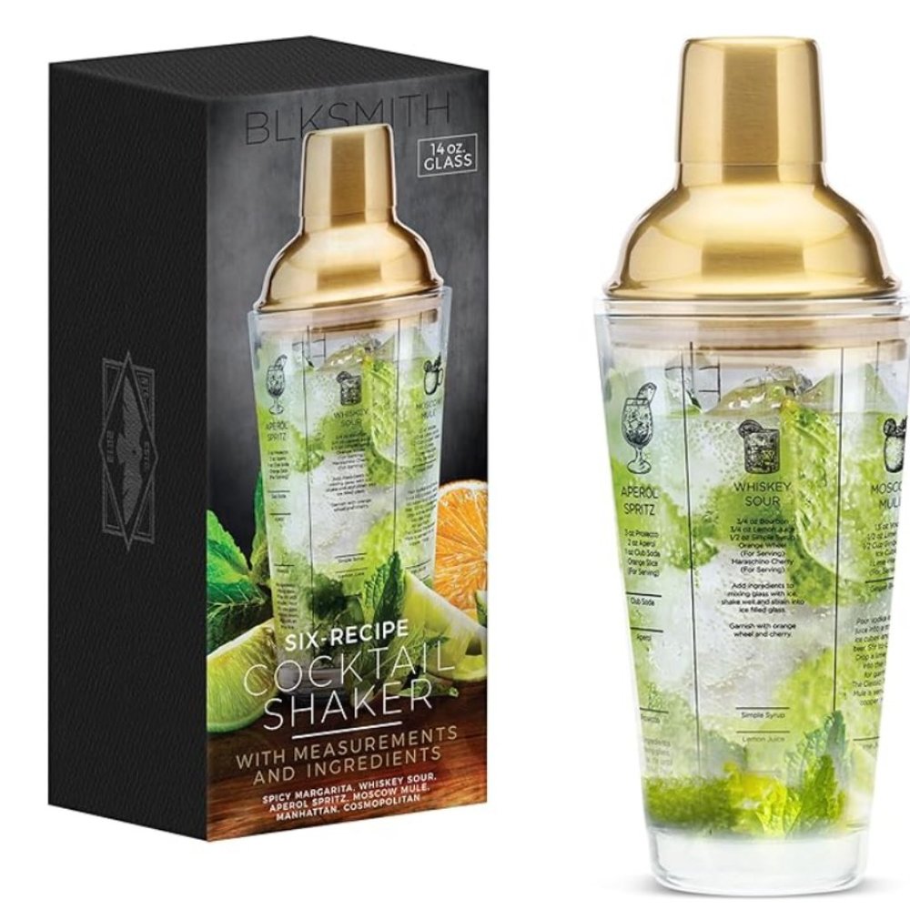 BLKSMITH 14 oz Glass 6-Recipe Cocktail Shaker with Measurements & Ingredients